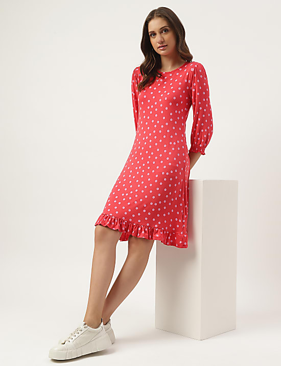Printed Polka Dots Bottom Ruffle Midi Dress