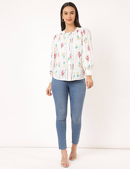 Pure Cotton Floral Round Neck Top
