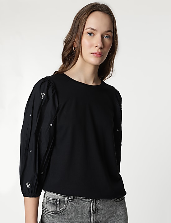 Cotton Rich Embellished 3/4 Sleeves Top
