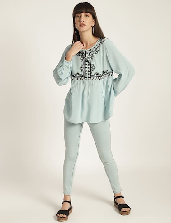 Pure Viscose Embroidery Keyhole Neck Blouse