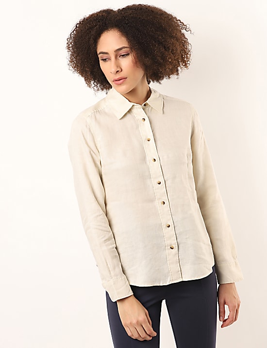 Pure Linen Plain Spread Collar Shirt