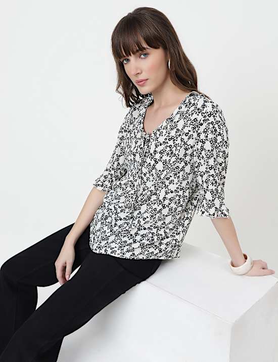 Pure Viscose Floral Print Ruffled Neck Top