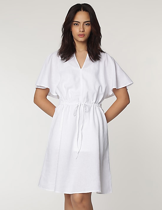 Linen Rich Slit Neck Kaftan Sleeves Dress