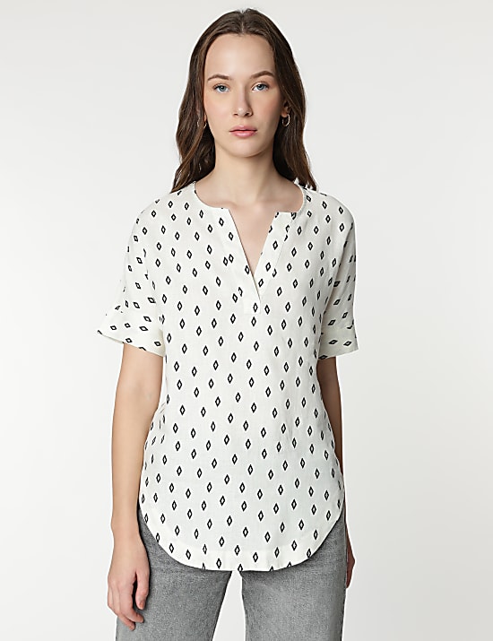 Pure Linen Geometric Print Half Sleeves Top