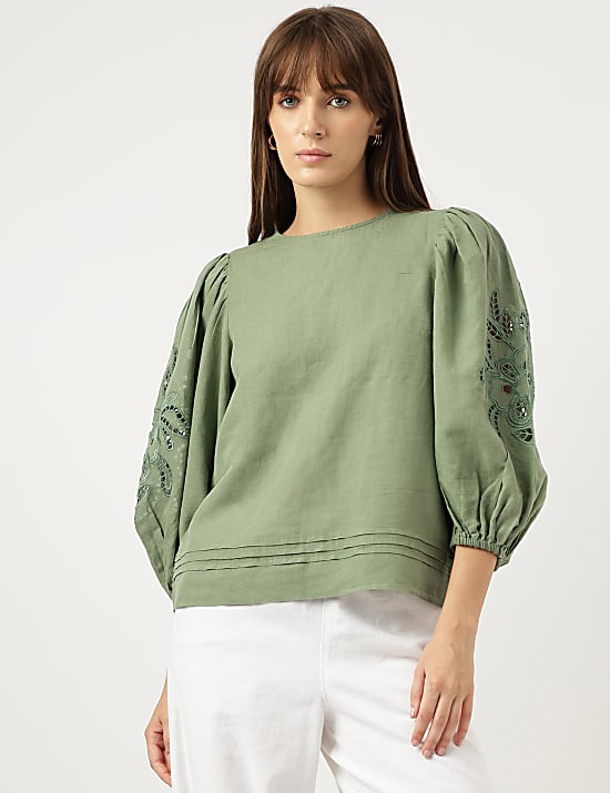 Linen Rich Schiffli Embroidery Blouse