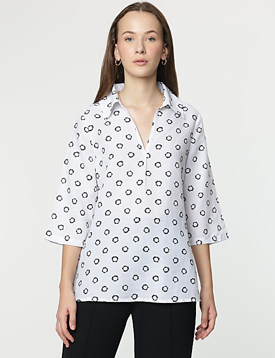 Linen Rich Abstract Print 3/4 Sleeves Top