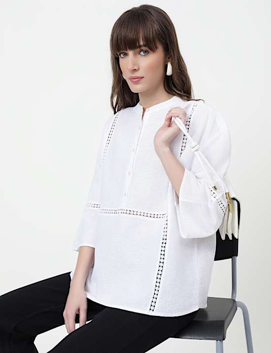 Linen Rich Embroidered Mandarin Collar Top