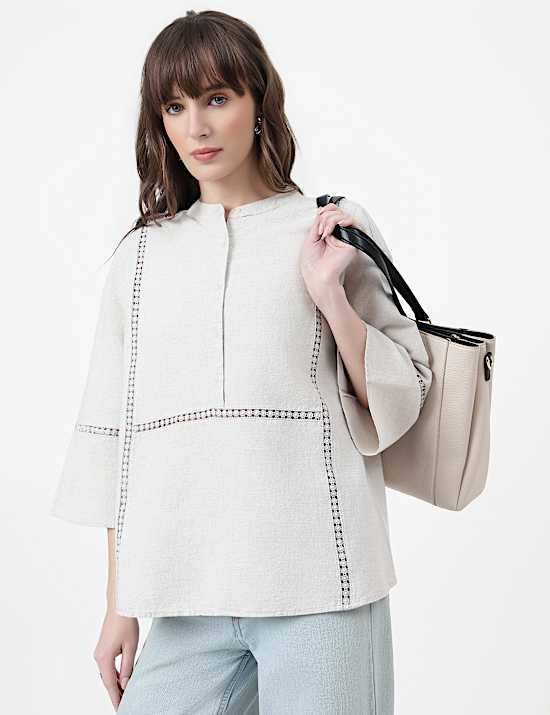 Linen Rich Embroidered Mandarin Collar Top