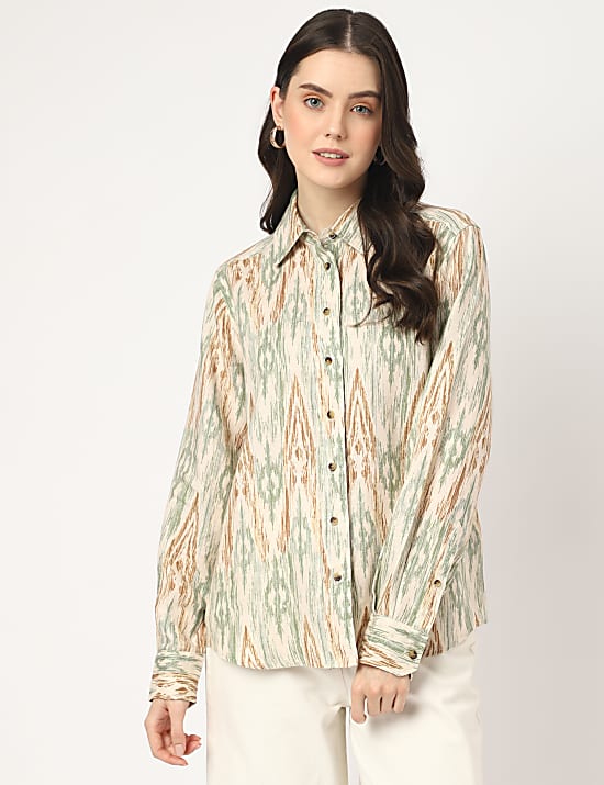 Pure Linen Printed Spread Collar Shirt