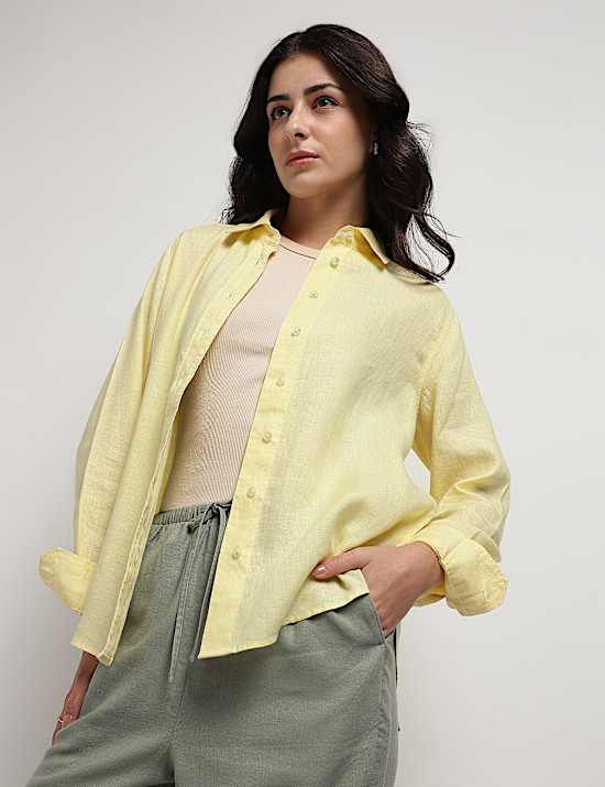 Pure Linen Plain Spread Collar Shirt