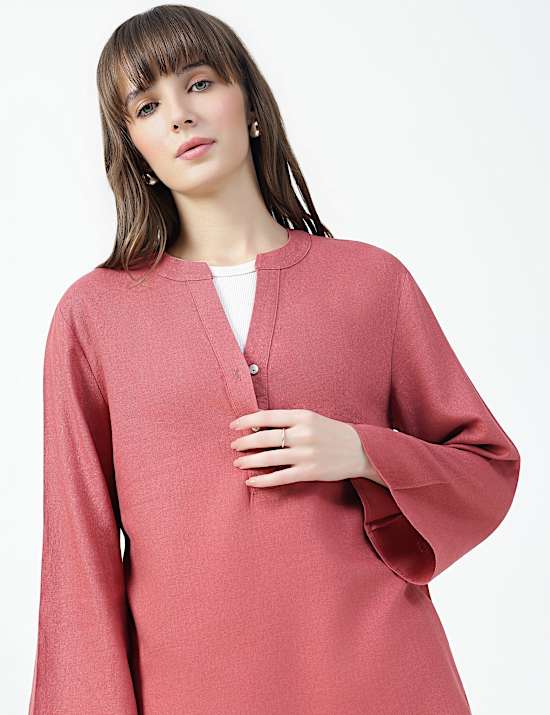 Linen Rich Plain Mandarin Collar Top