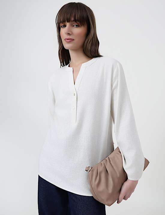 Linen Rich Plain Mandarin Collar Top