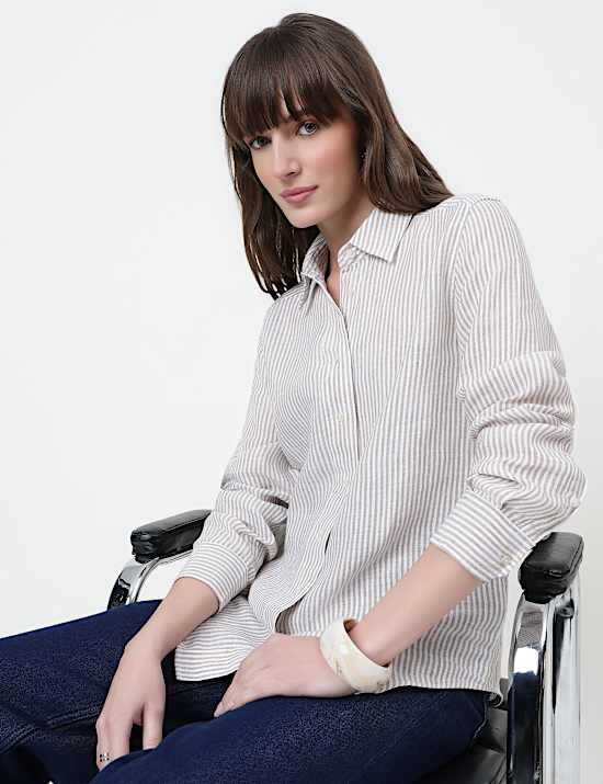 Pure Linen Striped Spread Collar Shirt