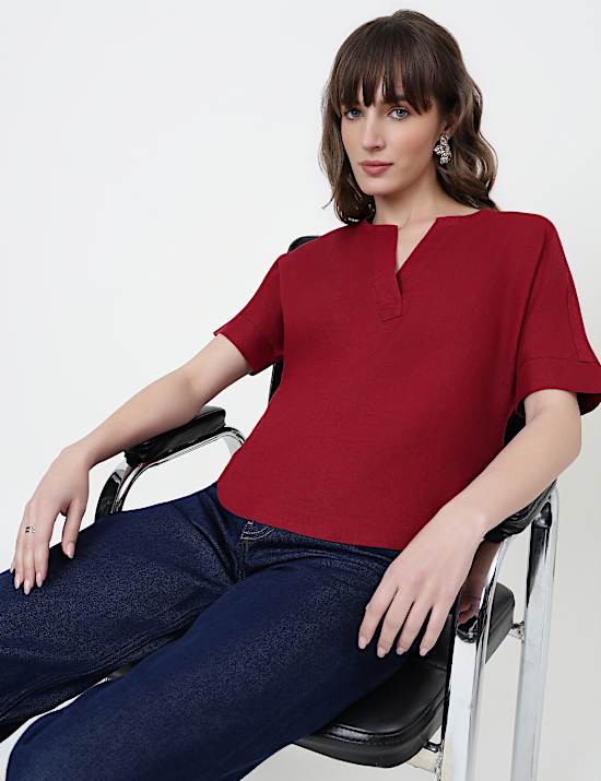 Pure Linen Plain V-Neck Top