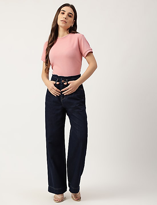 Cotton Mix Plain Wide Leg Jeans