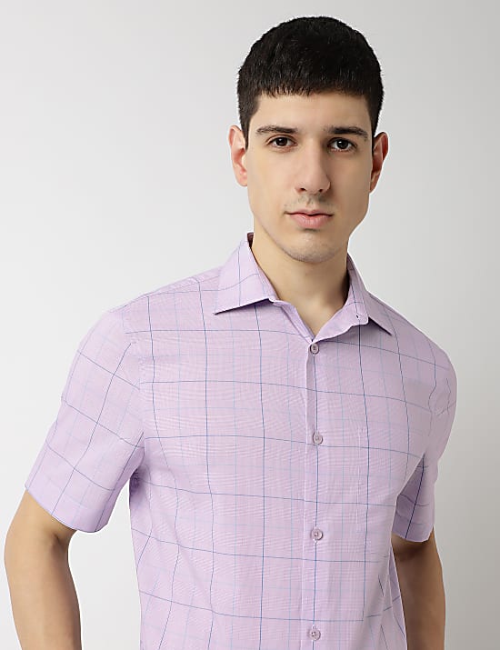 Cotton Rich Checks Spread Collar Shirt