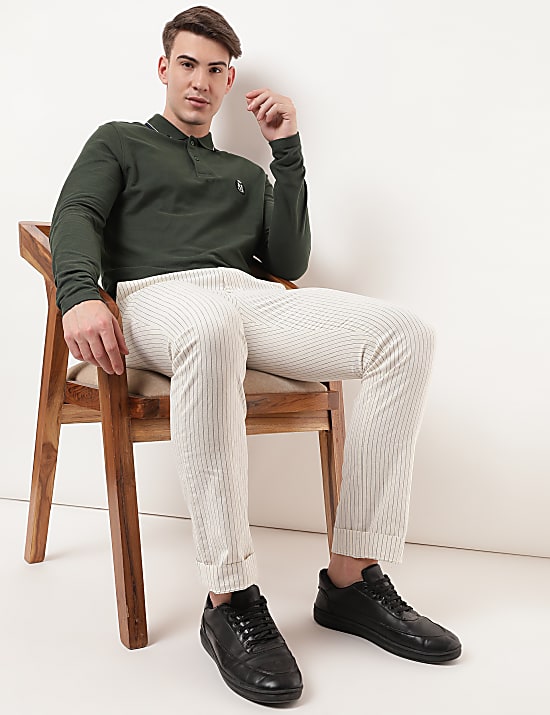 Regular Fit Cotton Blend Striped Trousers