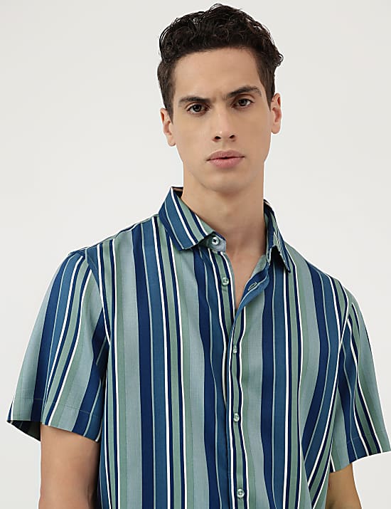 Pure Viscose Stripes Spread Collar Shirt