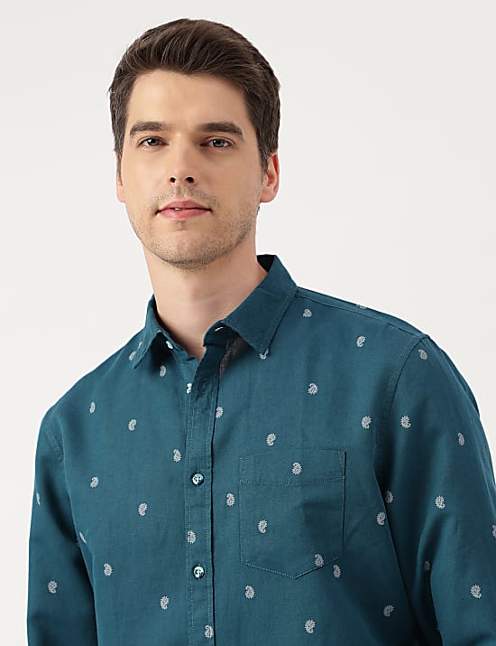 Linen Blend Paisley Spread Collar Shirt