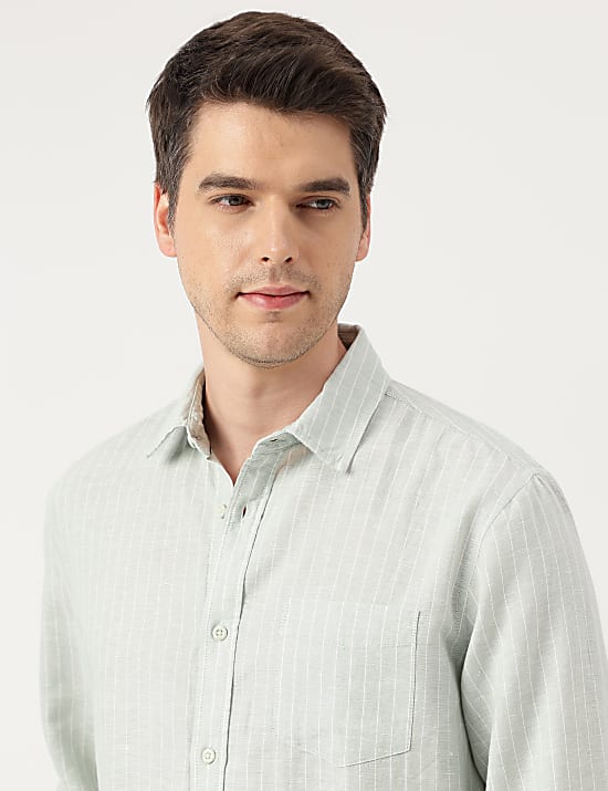 Linen Blend Striped Spread Collar Shirt