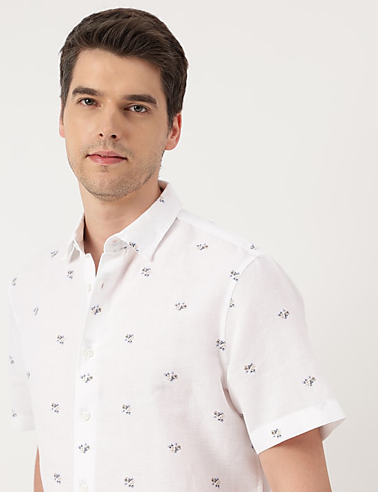 Linen Blend Floral Spread Collar Shirt