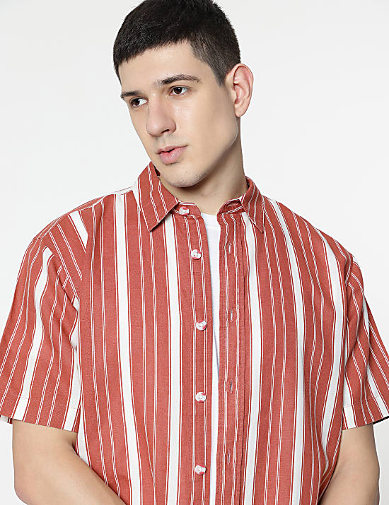 Relaxed Fit Linen Mix Stripes Shirt