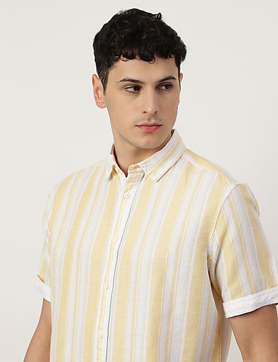Linen Blend Striped Spread Collar Shirt