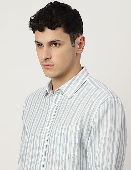 Linen Mix Striped Spread Collar Shirt