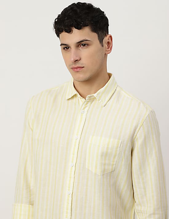 Linen Mix Striped Spread Collar Shirt