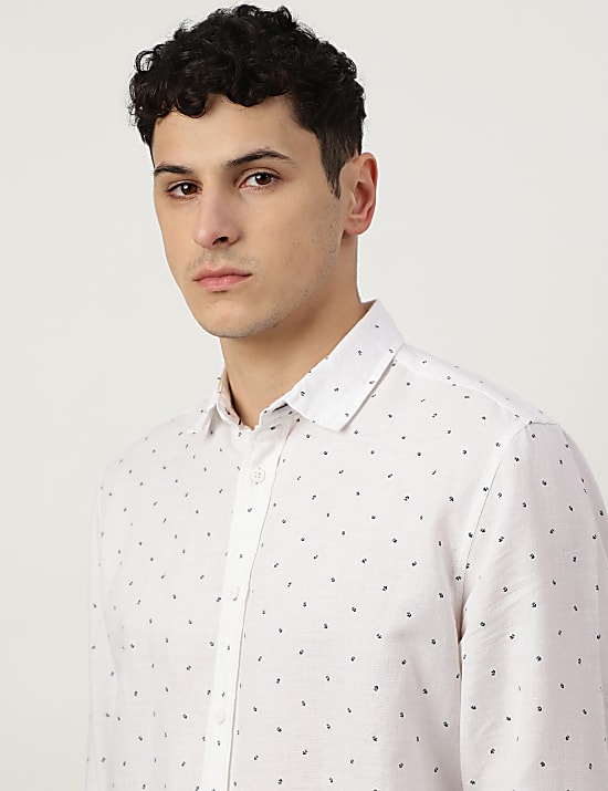 Linen Mix Printed Spread Collar Shirt