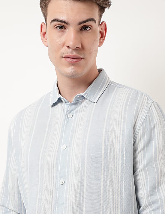 Linen Mix Striped Spread Collar Shirt