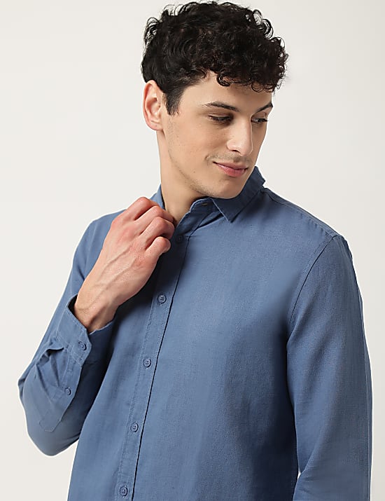 Linen Mix Plain Spread Collar Shirt