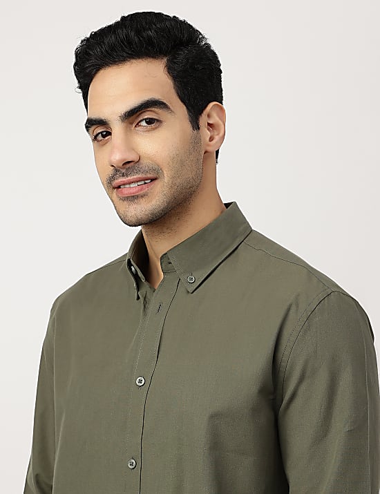 Pure Cotton Plain Button-down Collar Shirt
