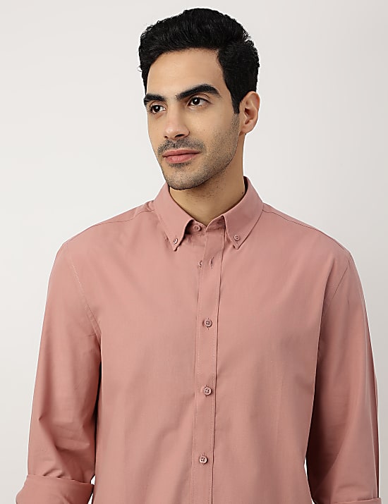 Pure Cotton Plain Button-down Collar Shirt
