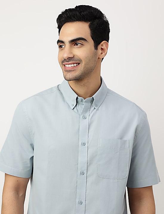 Pure Cotton Plain Button-down Collar Shirt