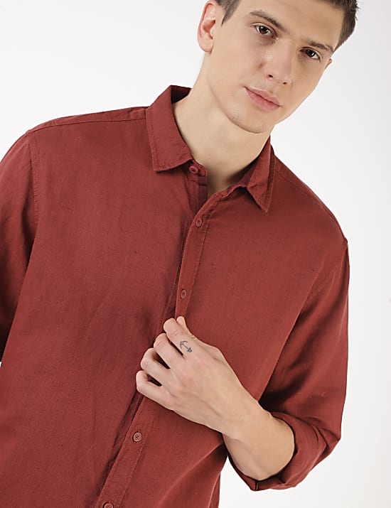 Linen Mix Plain Spread Collar Shirt