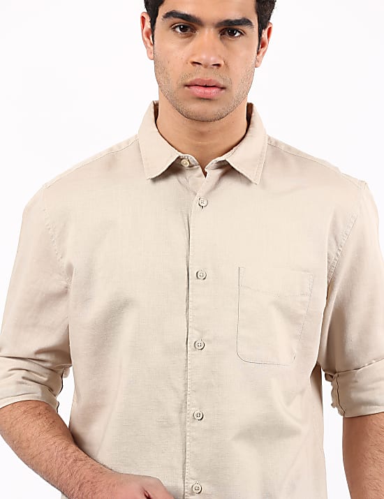 Linen Mix Plain Spread Collar Shirts