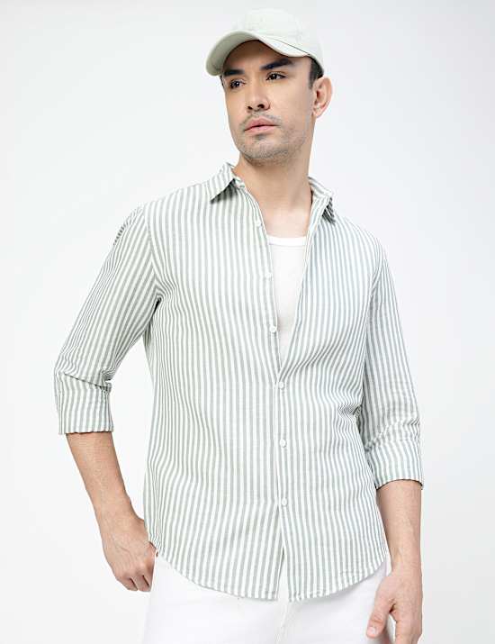Linen Rich Striped Spread Collar Shirt