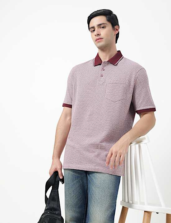 Pure Cotton Self Design Polo Neck T-Shirt