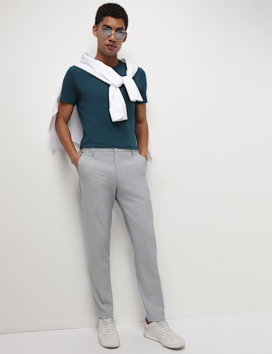 Mid Waist Textured Slim Fit Trousers