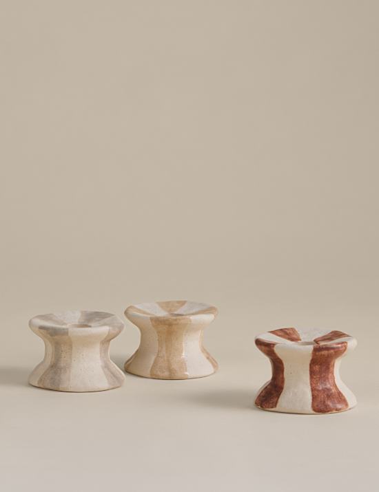 3 Pack Striped Ceramic Dinner Candle Holders