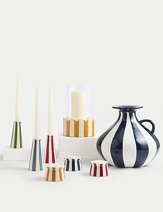 Set of 3 Striped Ceramic Dinner Candle Holders