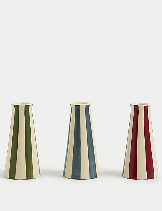 Set of 3 Striped Ceramic Dinner Candle Holders