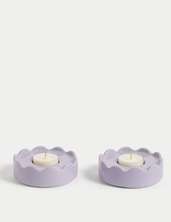 Set of 2 Scalloped Ceramic Tealight Holders