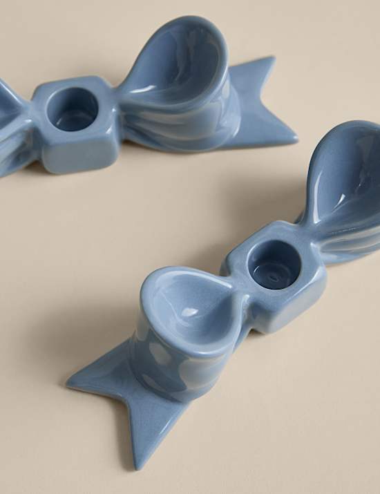 2pk Bow Ceramic Dinner Candle Holders