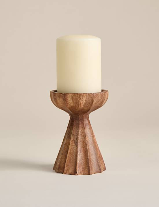 Ridged Wood Tall Pillar Candle Holder