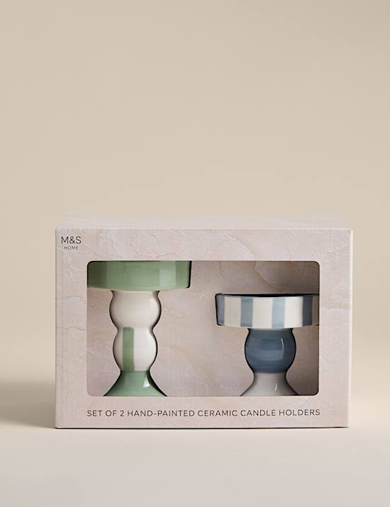 Set of 2 Striped Ceramic Candle Holders