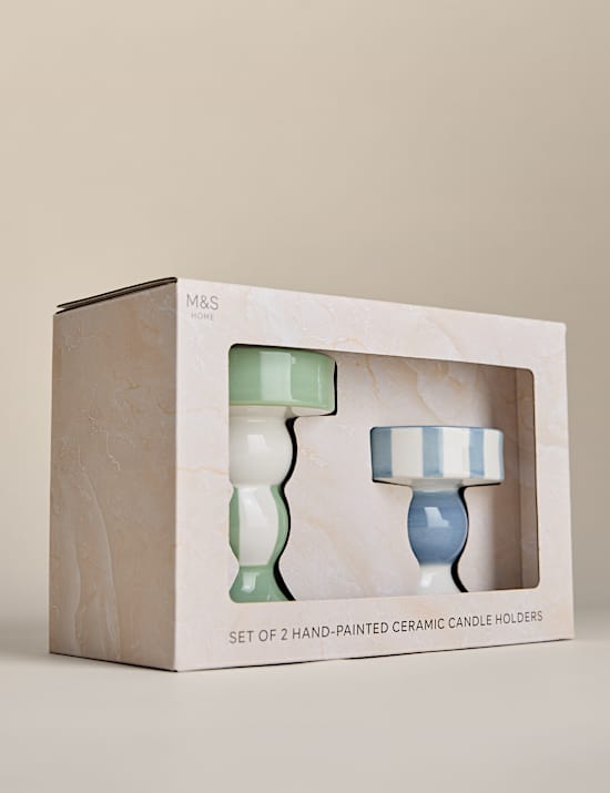 Set of 2 Striped Ceramic Candle Holders