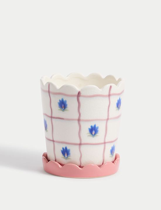 Check & Floral Ceramic Planter with Tray