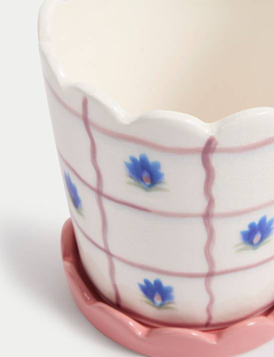 Pot en c&eacute;ramique &agrave; carreaux et motif fleuri avec plateau